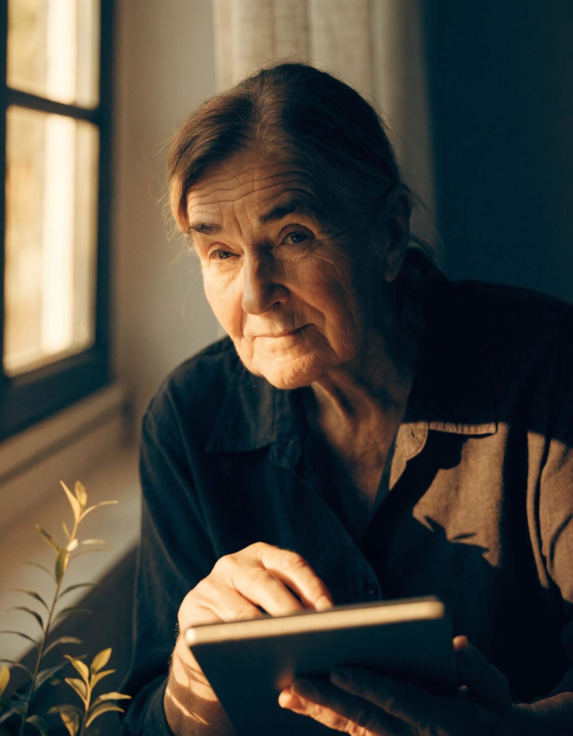 An older adult reading by a sunlit window.