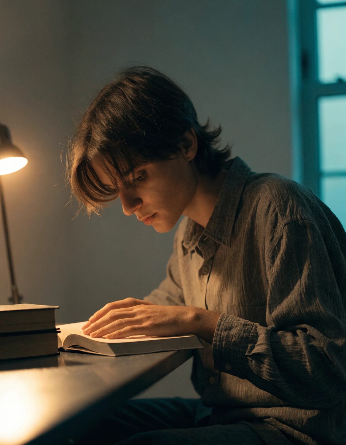 A student reading at a desk by lamplight.