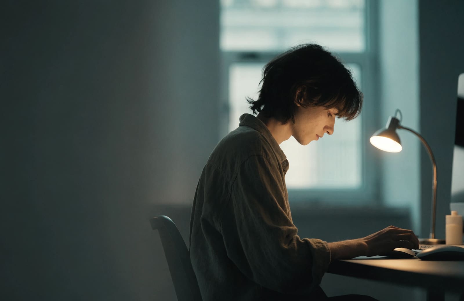 A person in quiet, undistracted focus at a calm desk, warm light, cool shadows.