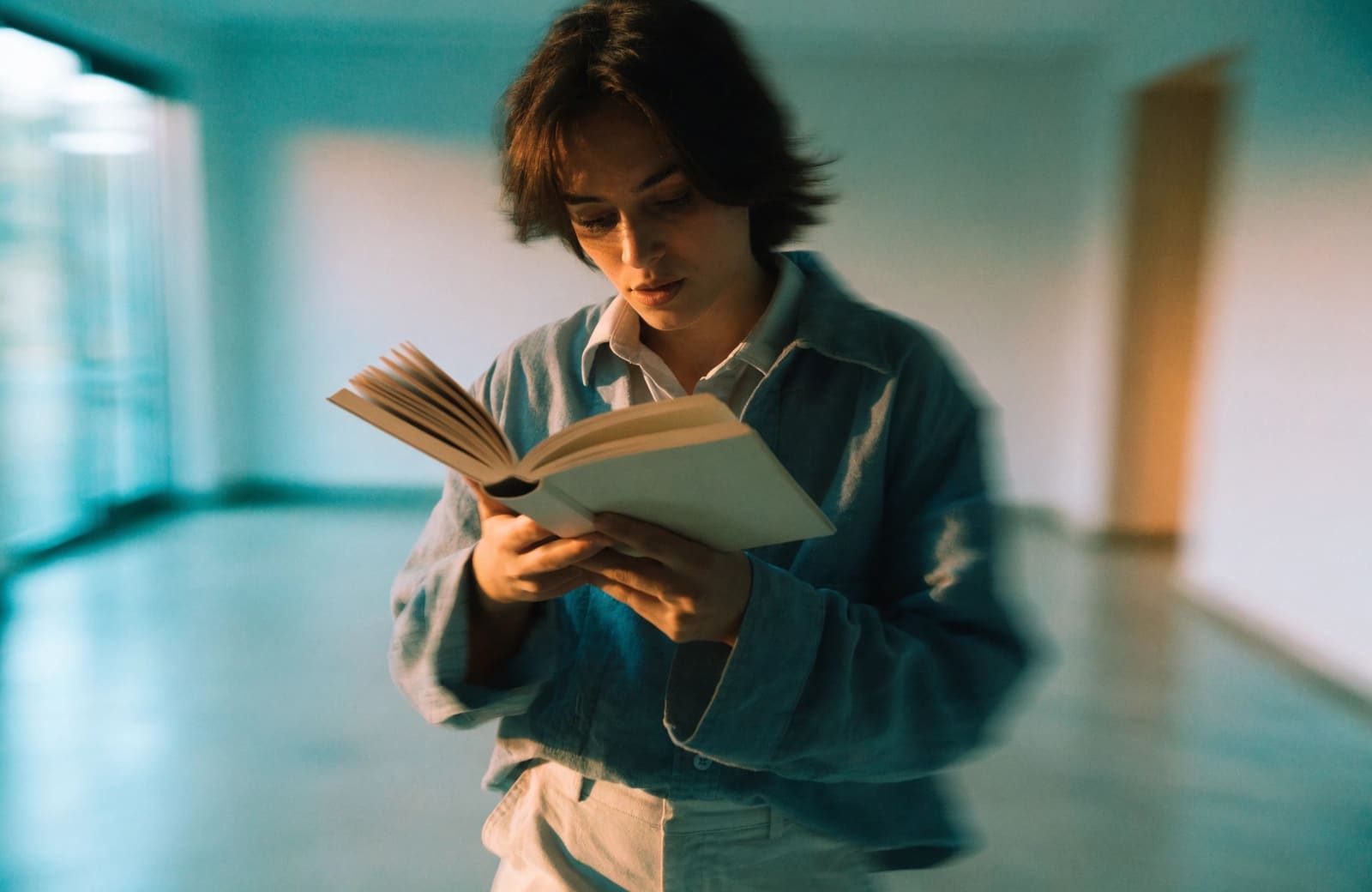 A reader moving briskly through a book, absorbed, warm light, cool shadows.